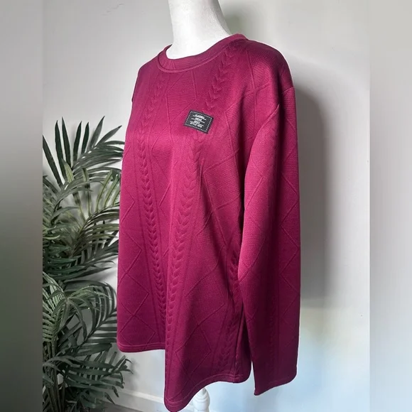 Regular Fit Patched Detail Textured Knit Long Sleeve Round Burgundy Neck Top L - Picture 5 of 14